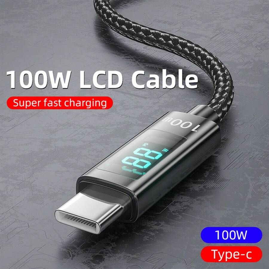 100W數字顯示快速充電PD數據線雙TPC 1.2M / 47.24英寸，2M / 78.74英寸長充電線，適用於手機，筆記本電腦，平板電腦充電 - 黑色 - 查看 1