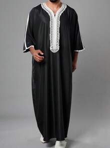 Roupa de Marrocos Bordada Masculina de Manga Curta com Design em Estilo Árabe, Comprimento Longo - Preto - Visão 1