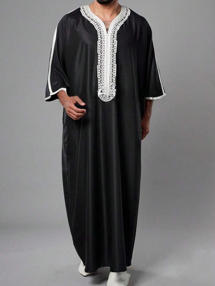 Roupa de Marrocos Bordada Masculina de Manga Curta com Design em Estilo Árabe, Comprimento Longo - Preto - Visão 1
