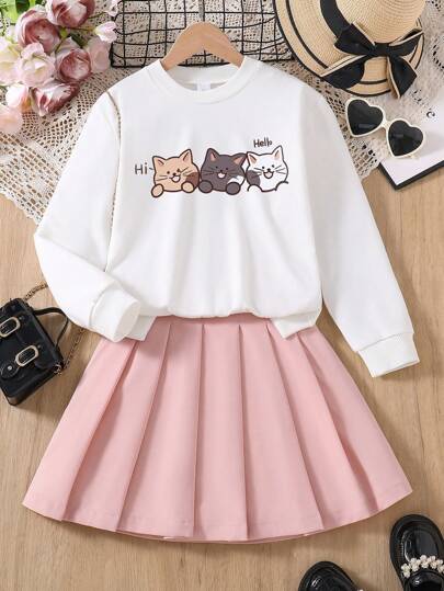 少女卡通印花長袖圓領上衣和純色百褶裙