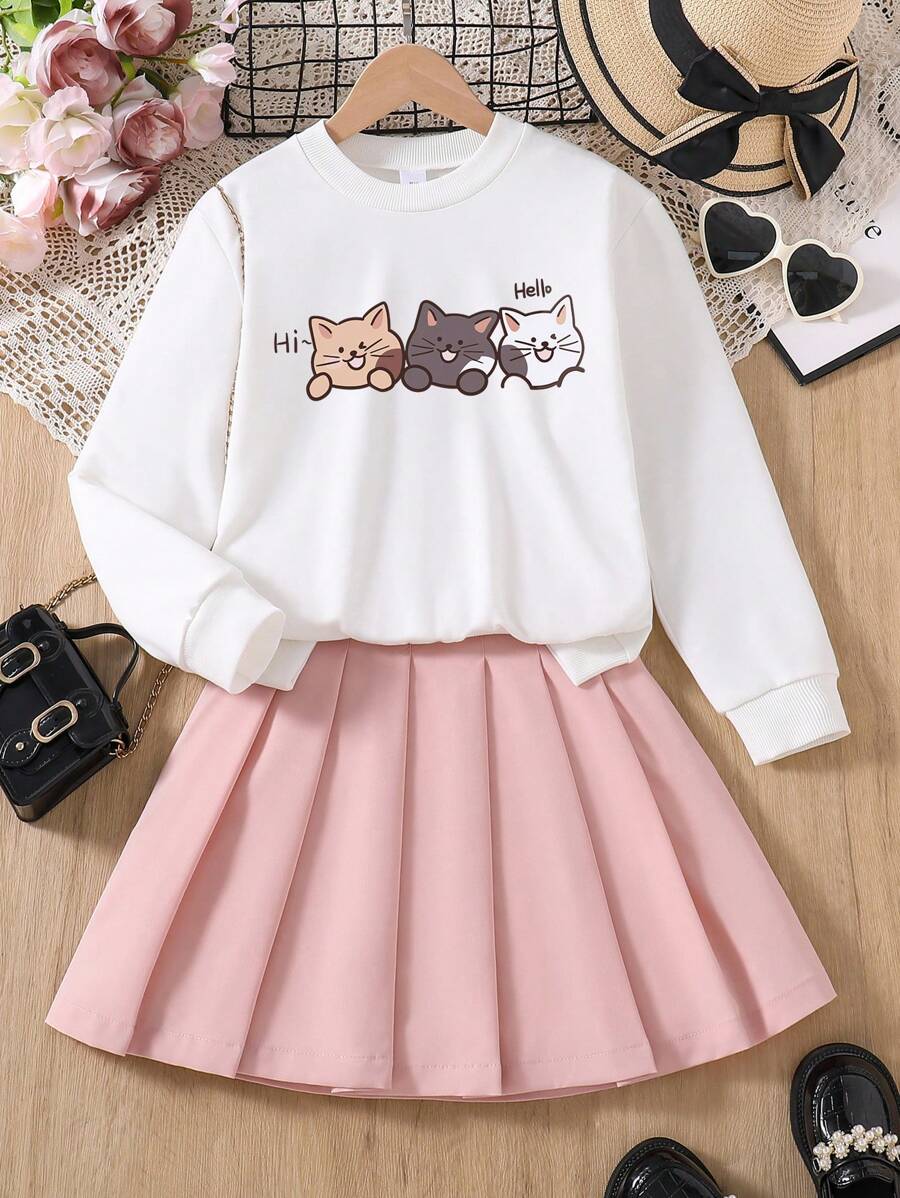 少女卡通印花長袖圓領上衣和純色百褶裙 - 白色 - 查看 1