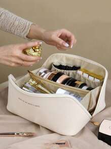 1pc White Pu Cosmetic Bag, Women's Large Capacity Portable Makeup Organizer With Multifunctional Hand-Held Toiletries Bag For Travel Storage Bag,Makeup Bag,Cosmetic Bag,Vacation Organizer,Large Capacity Makeup Organizer Makeup Case, For Lipstick, Brush, Skincare, Mobile Phone, Coin, Small Items, For Home,Gift,Vacation And Festival Halloween Christmas Multifunctional Use,Boho Vibes,For Holiday Beach, Bathroom Collection, Bedroom Collection, Large Capacity