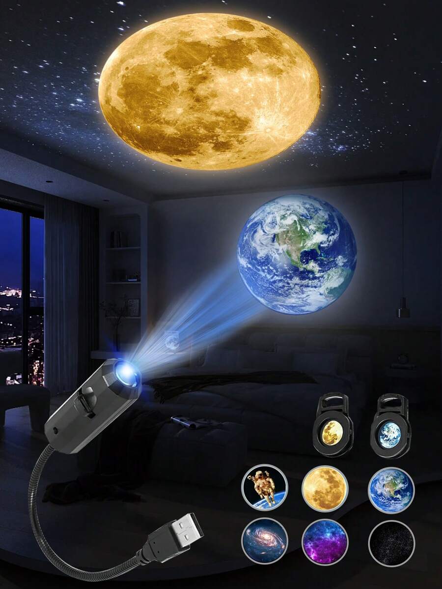 1pc Mini USB Moon Projector LED Earth And Galaxy Lamp For Home Atmosphere Lighting, Room Decoration, Wall Gift, Night Light - Black - View 1