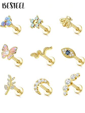 BESTEEL 1Pc 16G Cartilage Earrings Stud For Women Stainless Steel Top Screw Flat Back Earrings Butterfly Moon Flower CZ Cartilage Earrings Helix Tragus Piercing Jewelry Valentines,Mom,Mother,Mother's Day,Gift