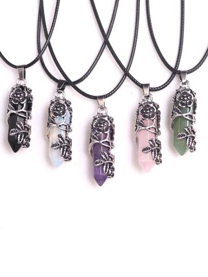 1pc Vintage Natural Agate Crystal Bullet Shape Pointed Hexagonal Column Pendant Necklace, Unisex Creative Rose & Plum Blossom Cap Dangle Sweater Chain Jewelry