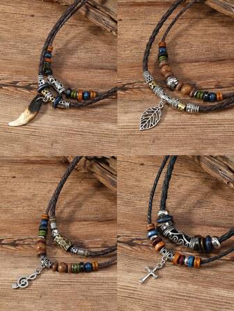 1 件波西米亚风格时尚个性化尖牙叶交叉音符吊坠 PU 皮革编织项链，适合男士日常佩戴