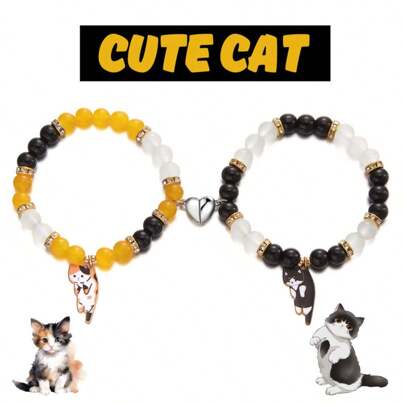 PHCOO 2 Pcs Of Creative Lovely Slouchy Cat Pendant Love Magnetic Suction Clasp Beaded Couple Bracelet