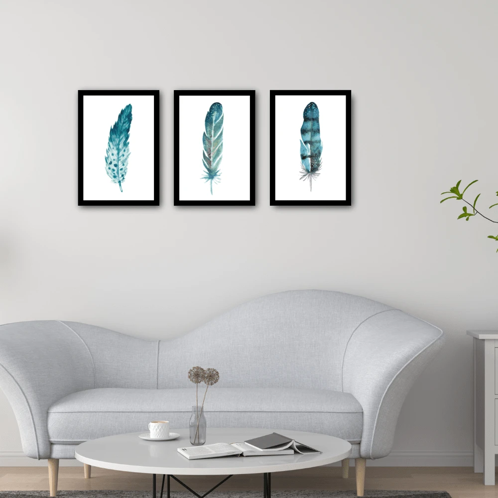 SET 3 CUADROS DECORATIVOS DISEÑO PLUMAS HOGAR MODERNO - Negro - Ver 1