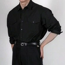 Black Long Sleeve Formal Jeans Shirt With Pockets - Men's Basic Long Sleeve Work Shirt - màu đen - Xem 5