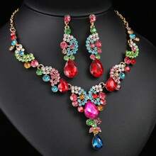 Lujoso y elegante conjunto de joyería de 3 piezas para mujeres con piedras preciosas de colores, que incluye aretes y collar, adecuados para novias, bodas y fiestas - conjunto de joyas - Ver 2
