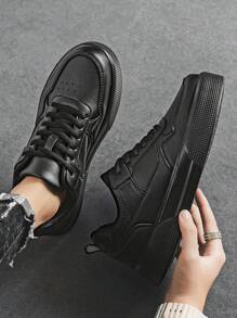 (Runs Small 1 Size) Men's Black Splicing Fashion Lace-Up Casual Sports Sneakers, Lightweight Outdoor Versatile Comfortable Platform Walking Shoes