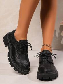 Women's Fashion Lace-Up Shoes, Black Printed Wedge Heels, Thick Soles, Soft, Non-Slip, Wear-Resistant, Vintage British Style, Campus, Vacation, Casual, Party. Thick Heel Shoes, Black Platform. - Black - View 3