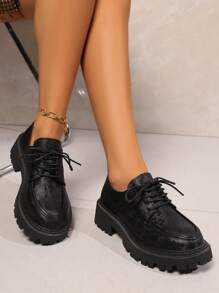 Women's Fashion Lace-Up Shoes, Black Printed Wedge Heels, Thick Soles, Soft, Non-Slip, Wear-Resistant, Vintage British Style, Campus, Vacation, Casual, Party. Thick Heel Shoes, Black Platform. - Black - View 2