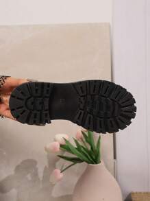 Women's Fashion Lace-Up Shoes, Black Printed Wedge Heels, Thick Soles, Soft, Non-Slip, Wear-Resistant, Vintage British Style, Campus, Vacation, Casual, Party. Thick Heel Shoes, Black Platform. - Black - View 7