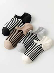 8 Pairs Random Design Women's Cute Butterfly, Striped, Polka Dot Breathable Low Vamp Invisible Boat Socks - Black and White - View 5