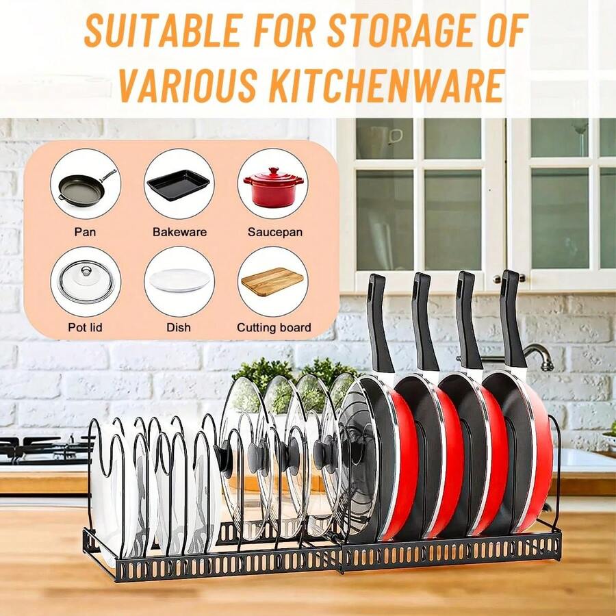 Expandable Pot Lid Holder, Dish Organizer Rack, For Cabinet, Pot And Pan Organizer, With 10 Adjustable Compartments, 1pc Pot Lid Organizer,Storage,Organizer,Organiser,Kitchen,Travel,Kitchen Items,Kitchen Tools,Kitchen Things. - Black - View 1