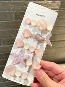 5pcs Cute Seashell Star Macaron Hair Clips, Sweet Princess Style Hairpins For Girls, Beach Photoshoot Accessories - Multicolor - View 9