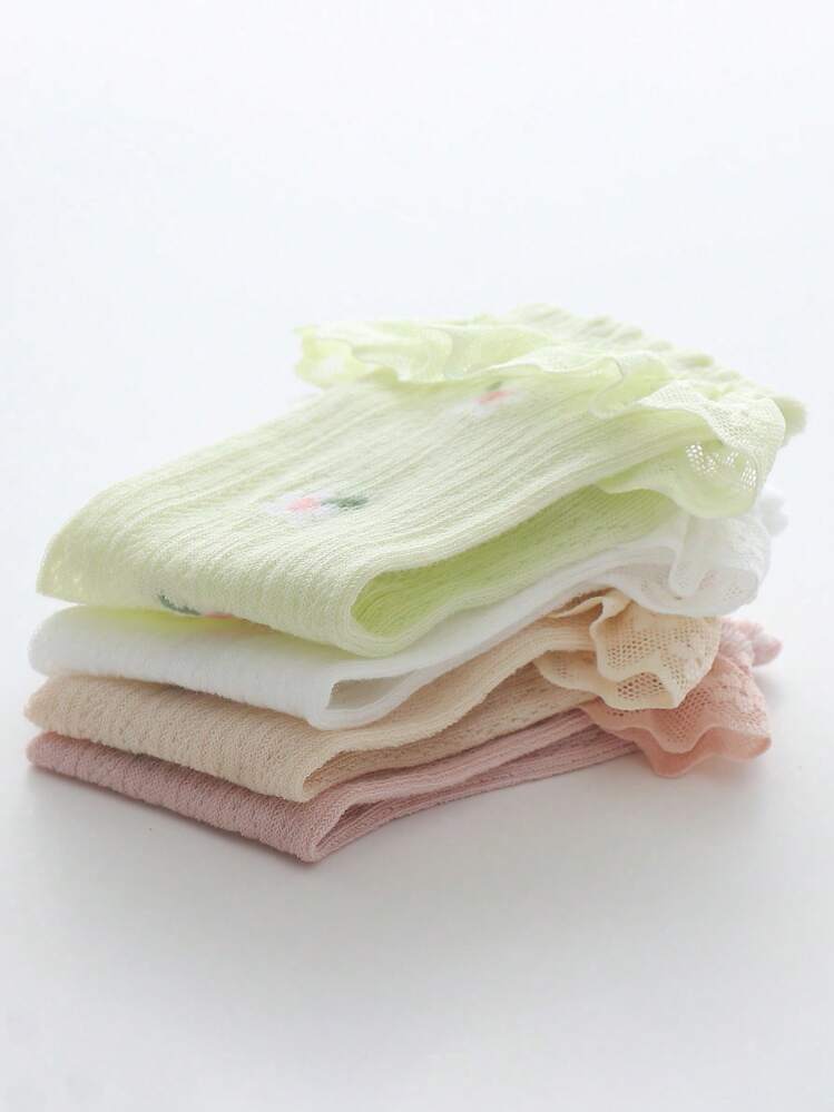 4 Pairs/Set Baby Girls'  Princess Floral Pattern Ruffle Socks, Comfortable, Breathable, Mesh, Lace, Suitable For Daily Casual Wear Or Wedding Season - Multicolor - View 5