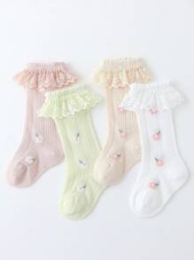 4雙/套寶寶女孩公主花紋荷葉襬襪子，舒適透氣，網眼，蕾絲，適用於日常休閒或婚禮季節 - 彩色 - 查看 4