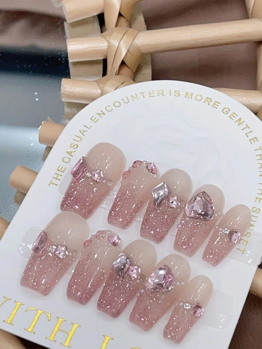 10片装夏日闪耀爱心渐变手工假指甲，泡泡玫瑰假指甲，女士/女孩节日礼物，按压式美甲贴片，美甲用品，手工按压式美甲贴片 - 藕粉色 - 查看 1