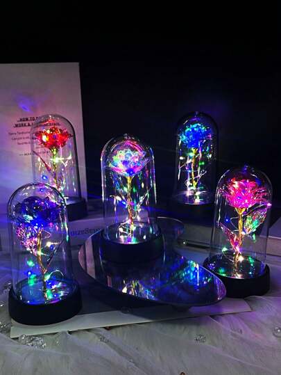 Decorazioni ornamentali con rose artificiali incapsulate in scatola regalo con copertura in plastica illuminata, regalo floreale eterno per festa della mamma, compleanno, anniversario, commemorazione, San Valentino, San Valentino, regalo