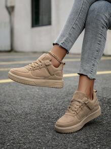 （小码）女士卡其色复古时尚系带休闲运动鞋，户外百搭舒适平底步行鞋，青少年跑步滑板鞋 - 卡其色 - 查看 11