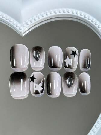 10 sztuk długich paznokci w kształcie trumienki, proszek do paznokci, gwiazdy atramentowe, czarny proszek, gradacja, ręcznie robiony wzór paznokci, sztuczny element do rozłożenia i ponownego użycia, odpowiedni dla kobiet, dziewcząt na scenie, balu, imprezie, z 1 kawałkiem rolady żelowej, 1 sztuka paznokci do naprasowania, artykuły do paznokci, paznokcie