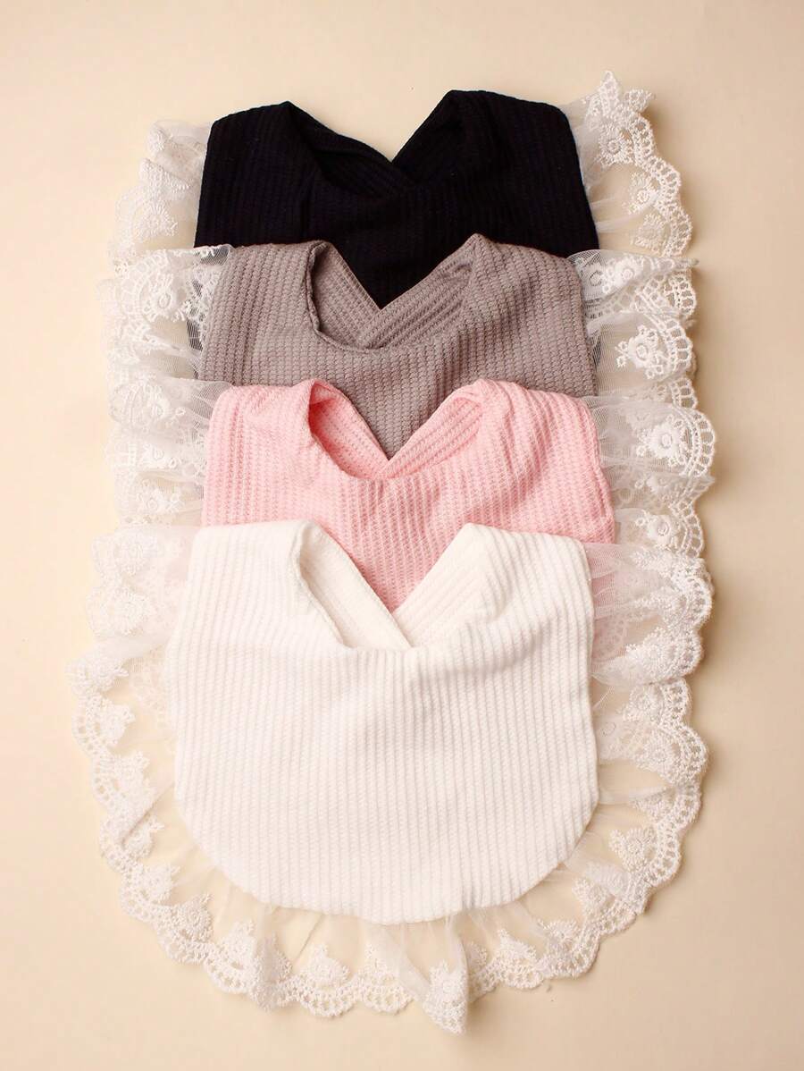 2pcs Soft And Stretchy Lace Ruffle Trim Baby Bib Set In Candy Colors, Suitable For Daily Use