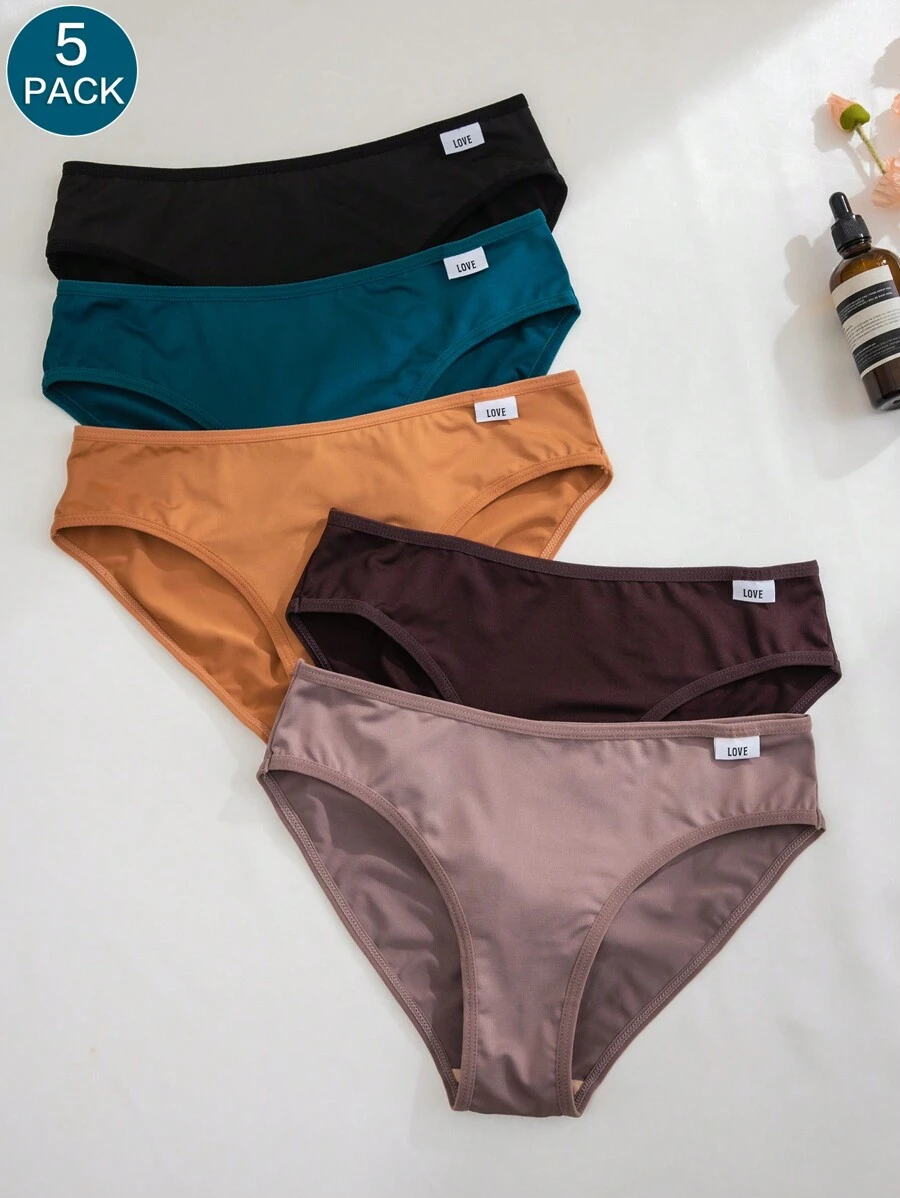 5pcs Women's LOVE Solid Color Comfortable And Breathable Triangle Panties Set