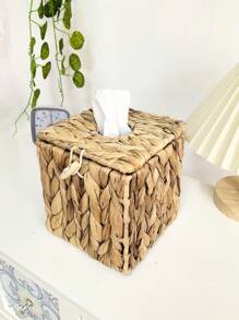 1 Water Hyacinth Woven Basket, Square Napkin Holder For Toilet Paper Arrangement And Storage, Wicker Basket, Toilet Tank Storage Basket, Home Arrangement And Storage Supplies - Khaki - View 6