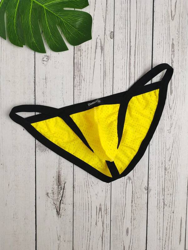DomiGe Tanga sexi de baja altura para hombres con malla completa transparente y entrepierna abierta, amarillo