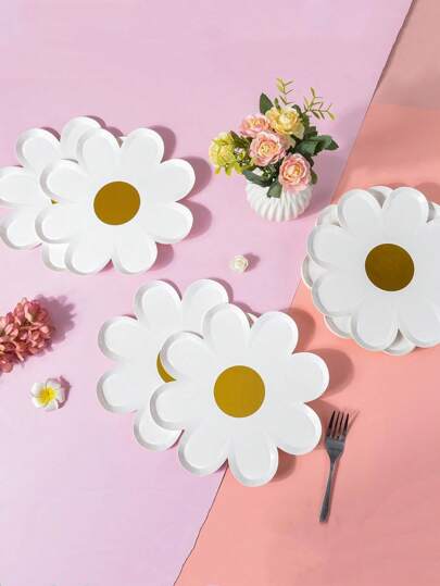 10/20/30Pcs Daisy Flower Tableware Disposable Dining Plate Straws Cake Tray Birthday Theme Party Decor Wedding Supplies,