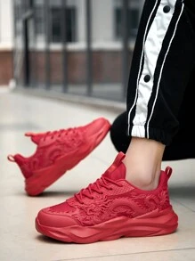 Men's Dragon Totem Pattern Simple Casual Sports Shoes, Breathable & Lightweight Black Mesh Fitness Training Shoes With Front Tie Soft Sole Running Shoes - Red - View 5