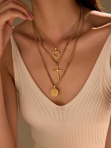 3入組不銹鋼交叉和眼睛鏤空Love時尚吊墜項鍊套裝 - 金黃色 - 查看 2