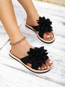 Stylish Women's Linen Slippers, Lightweight Black Flower Sandals, New Peony Beach Slippers, European And American Simple Style Sandals