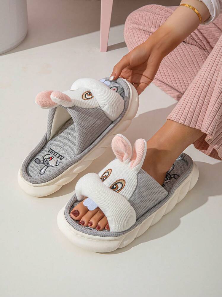 Women s Cute Big Tooth Bunny Plush Linen Flat Slippers Spring And Autumn Indoor Thick Bottom Anti Slip Silent Scuff Slippers