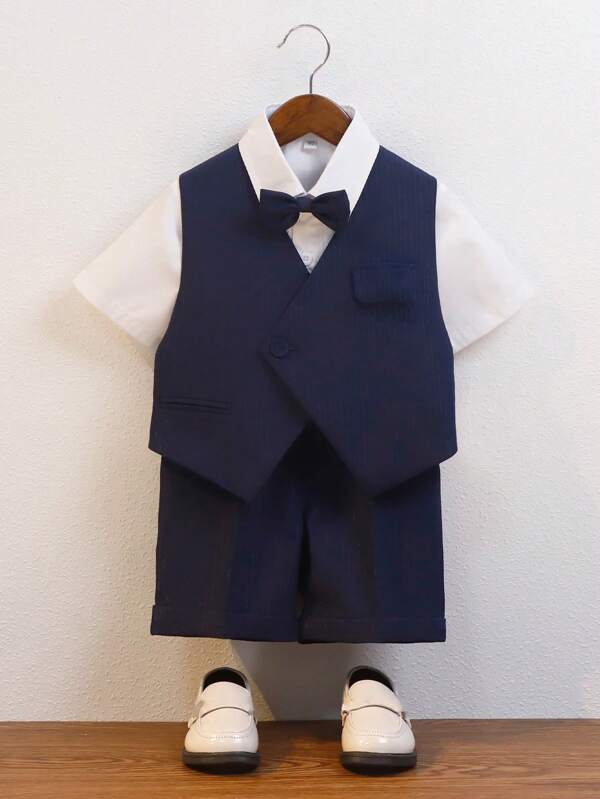 Set formal de 3 piezas para niños jóvenes: chaleco, pantalones cortos, camisa de manga corta, con corbata de moño, para verano