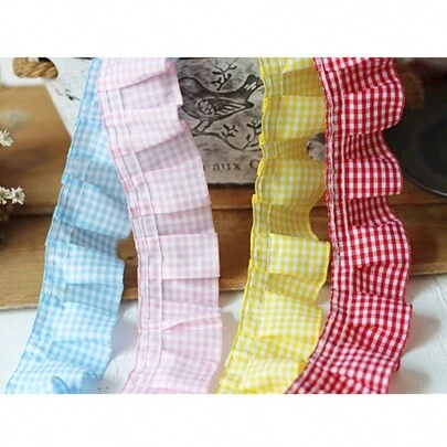 1捲/2碼3.8cm寬多色朝陽格子褶皺荷葉邊蕾絲修邊配件，寵物項圈家居裝飾布藝枕頭裝飾（不含塑料軸）