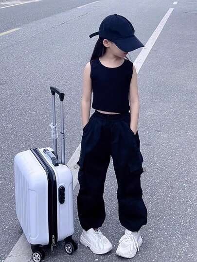 1件女童青少年寬鬆翻蓋口袋側抽繩戶外工裝褲 春夏秋返校穿搭