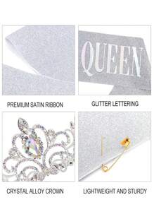 Bling Rhinestone Crystal Crown Tiara Birthday Queen Sash And Crown For Women Birthday Party Decoration Kit Queen Glitter Crystal Hair Accessories, Back To School Valentine Day - Silver - View 4