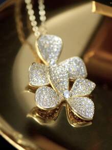 1 Set/2Pcs Luxury 925 Silver Flower Full Zirconia 14K Gold Earrings And Necklace Pendant  Elegant Women Setting Jewelry For Party And Wedding Gifts