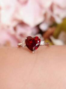 Nhẫn đính hôn Cubic Zirconia hình trái tim màu đỏ, Nhẫn hứa hẹn, Quà tặng đá quý cho tháng 1, Quà tặng ngày lễ tình nhân Valentine, Mẹ, Mẹ, Ngày của Mẹ, Quà tặng - Đỏ - Xem 3