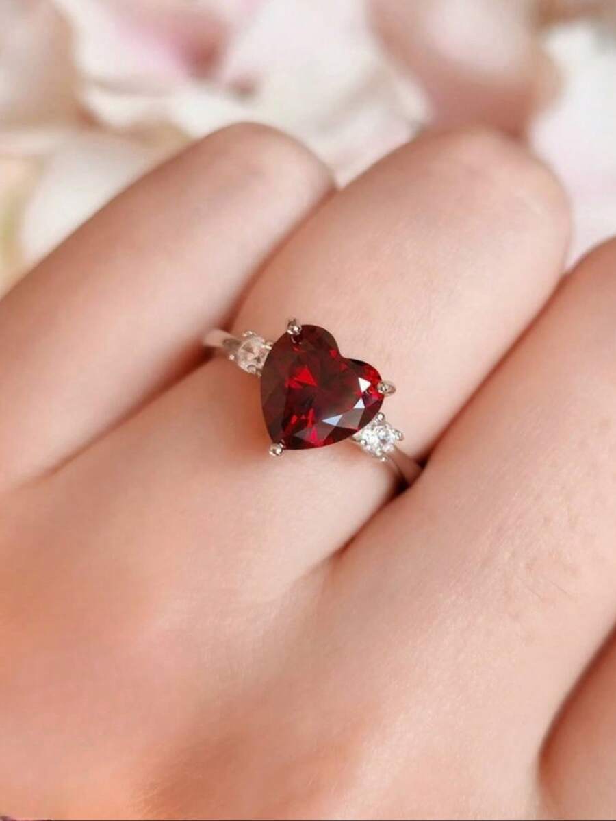 Nhẫn đính hôn Cubic Zirconia hình trái tim màu đỏ, Nhẫn hứa hẹn, Quà tặng đá quý cho tháng 1, Quà tặng ngày lễ tình nhân Valentine, Mẹ, Mẹ, Ngày của Mẹ, Quà tặng - Đỏ - Xem 1