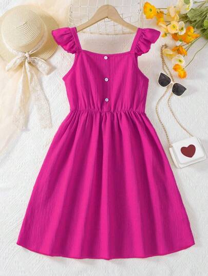 Tween Girl Flutter Sleeved Square Neck Casual Solid Color A-Line Dress With Elastic Waist, Summer Children Clothing