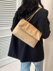 簡約網格刺繡鏈條包，時尚手提肩背兩用包，帶雙扣和鏈式交叉單肩包，蓋子包 - 卡其色 - 查看 11