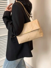 簡約網格刺繡鏈條包，時尚手提肩背兩用包，帶雙扣和鏈式交叉單肩包，蓋子包 - 卡其色 - 查看 8