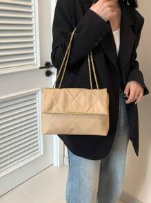 簡約網格刺繡鏈條包，時尚手提肩背兩用包，帶雙扣和鏈式交叉單肩包，蓋子包 - 卡其色 - 查看 9