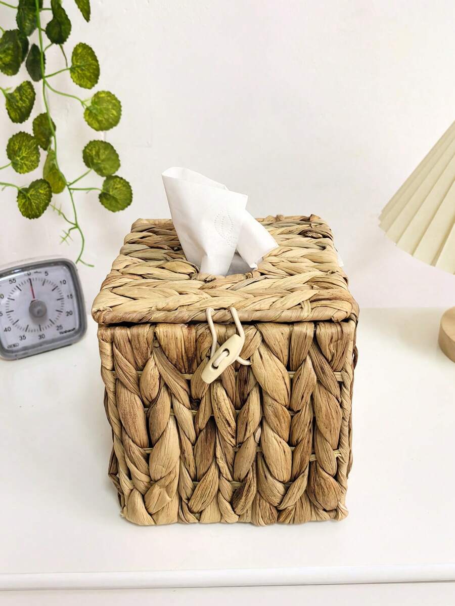 1 Water Hyacinth Woven Basket, Square Napkin Holder For Toilet Paper Arrangement And Storage, Wicker Basket, Toilet Tank Storage Basket, Home Arrangement And Storage Supplies - Khaki - View 1