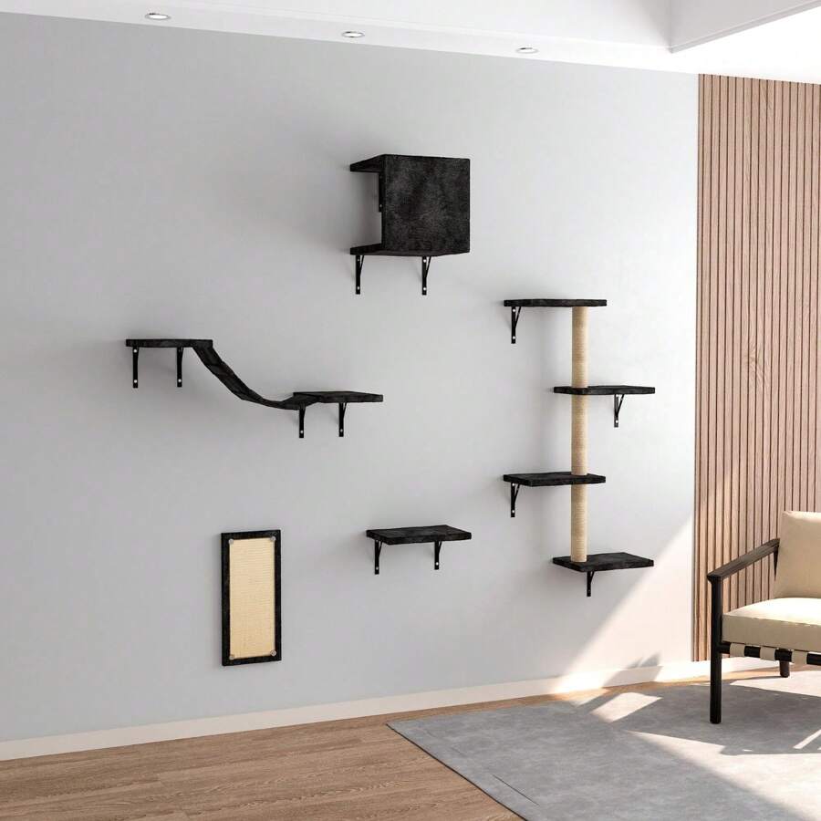 Cat Tree Wall Mounted Furniture DIY Set Climbing Shelves For Kitty Play & Relaxing - Includs Scratching Board, Connect Bridge, House And Scratching Posts - 黑色 - 查看 1