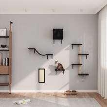 Cat Tree Wall Mounted Furniture DIY Set Climbing Shelves For Kitty Play & Relaxing - Includs Scratching Board, Connect Bridge, House And Scratching Posts - 黑色 - 查看 3